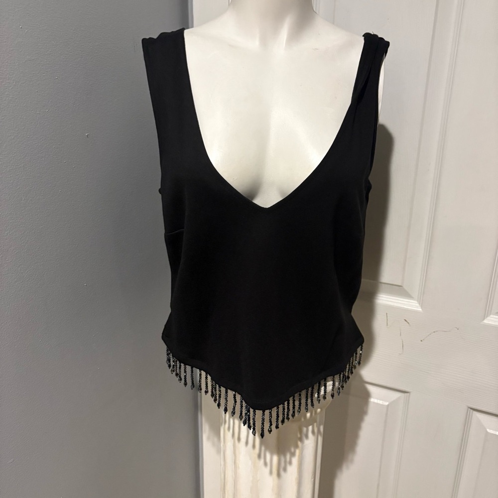 W5 Black Tank Top with Beaded Fringe S/XL